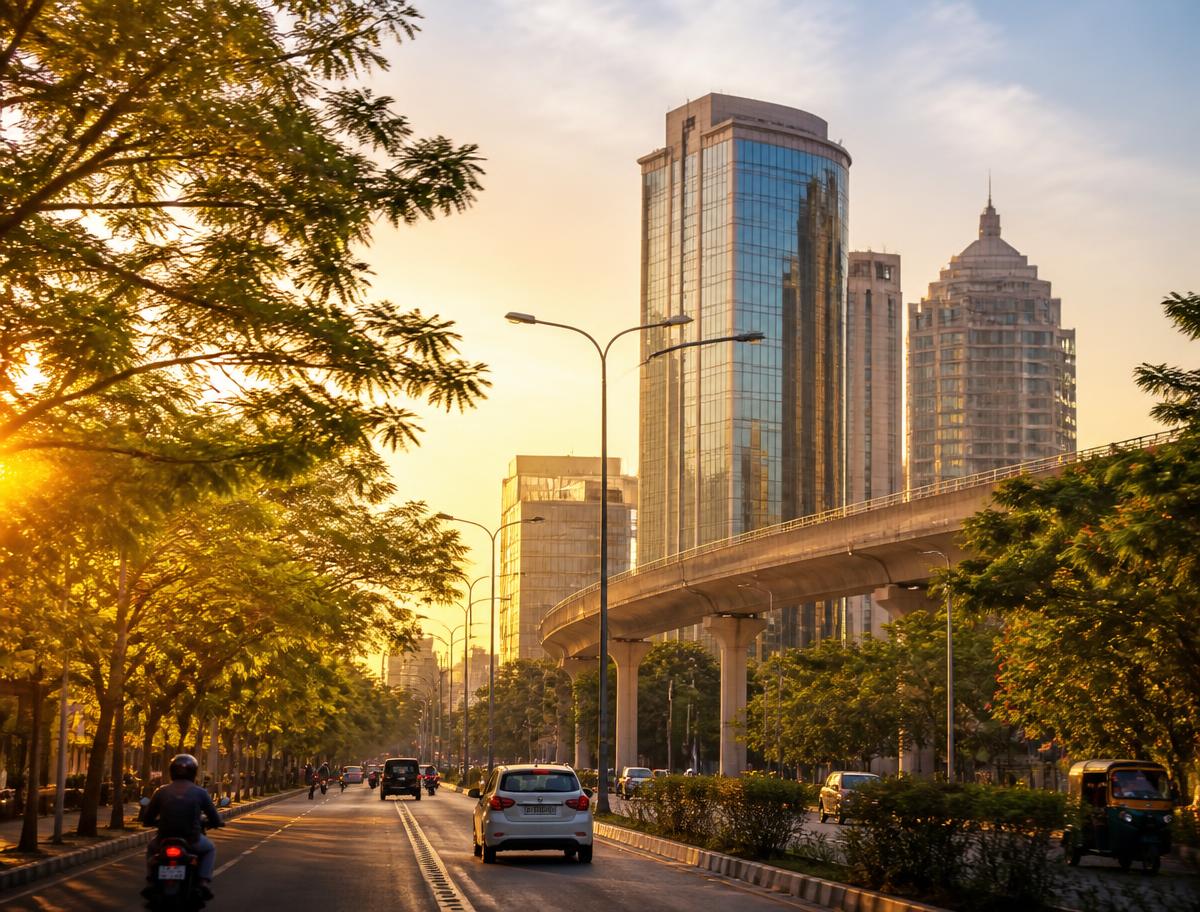 A tree-lined Bengaluru city road with the skyline at sunset