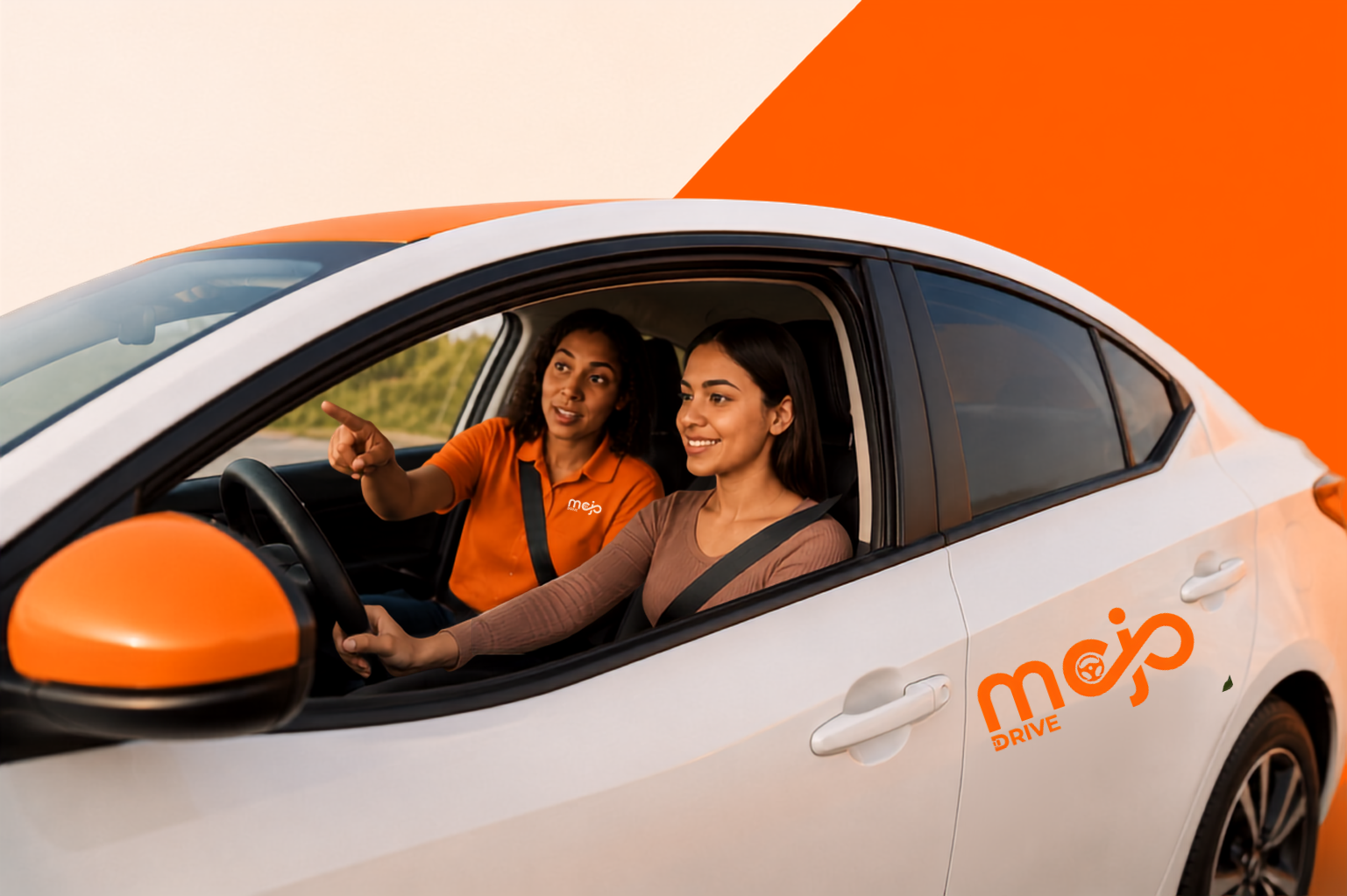 A Mojo Drive instructor pointing out the road ahead to a learner in a branded training car