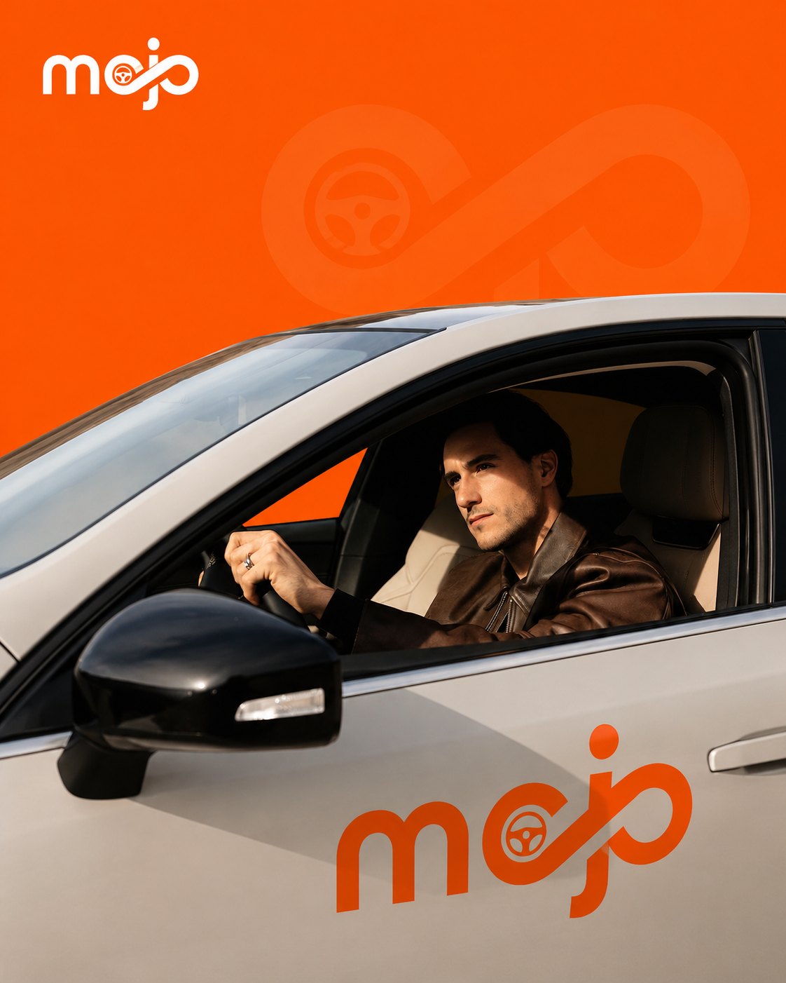 A confident driver at the wheel of a Mojo Drive training car