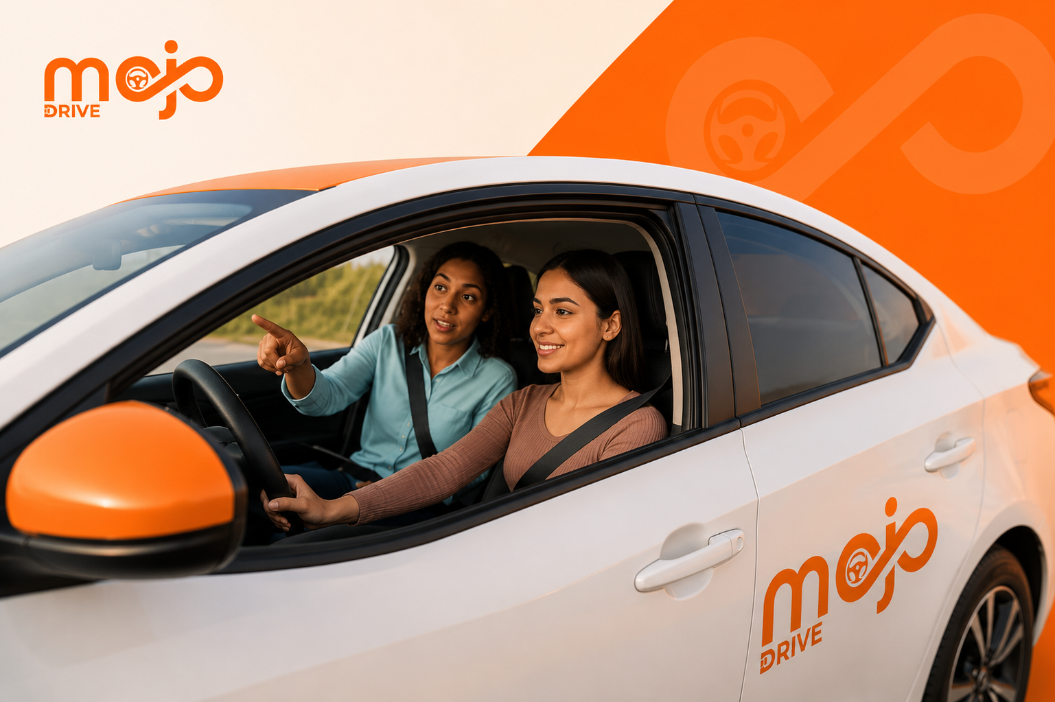 A Mojo Drive instructor calmly guiding a learner behind the wheel