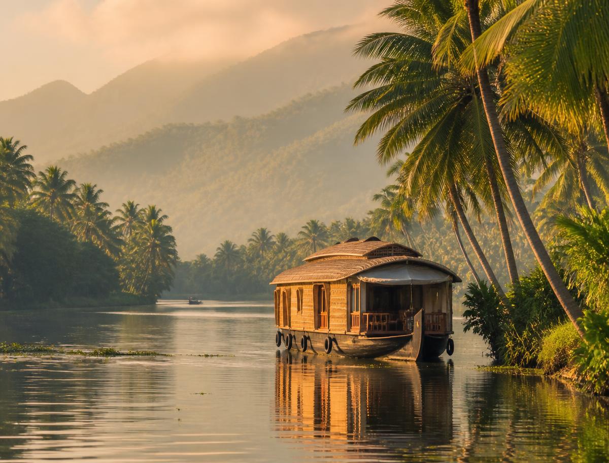 Kerala backwaters lined with coconut palms at golden hour