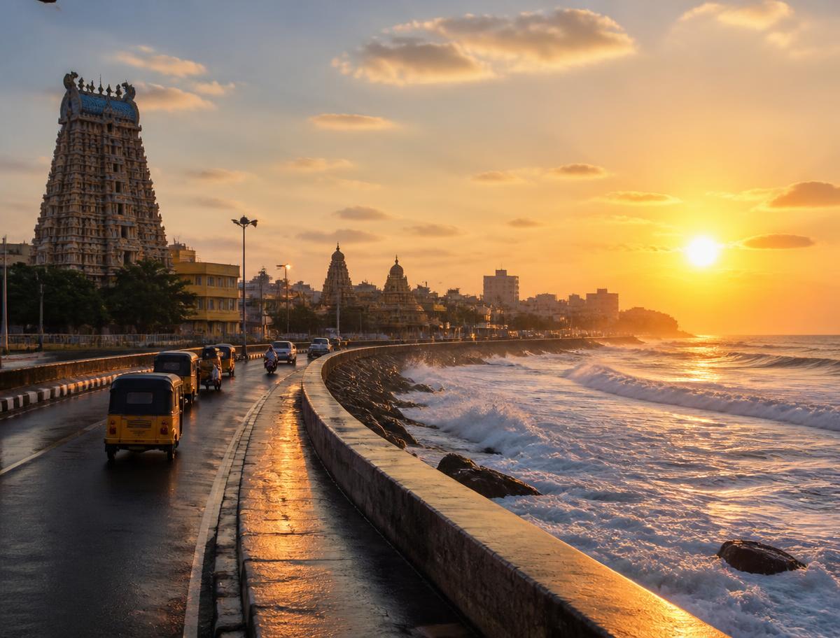 A Tamil Nadu coastal road at sunrise with a temple gopuram in the distance
